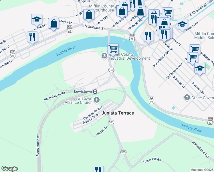 map of restaurants, bars, coffee shops, grocery stores, and more near 120 Helen Street in Lewistown