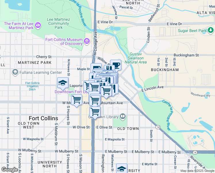 map of restaurants, bars, coffee shops, grocery stores, and more near 217 Linden Street in Fort Collins