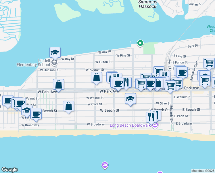 map of restaurants, bars, coffee shops, grocery stores, and more near 401 Laurelton Boulevard in Long Beach