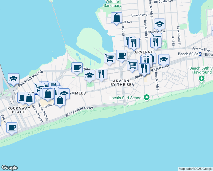 map of restaurants, bars, coffee shops, grocery stores, and more near 210 Beach Breeze Lane in Queens