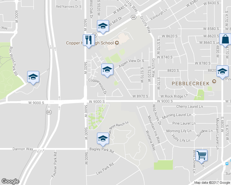 map of restaurants, bars, coffee shops, grocery stores, and more near 5423 Pilgrim Drive in West Jordan