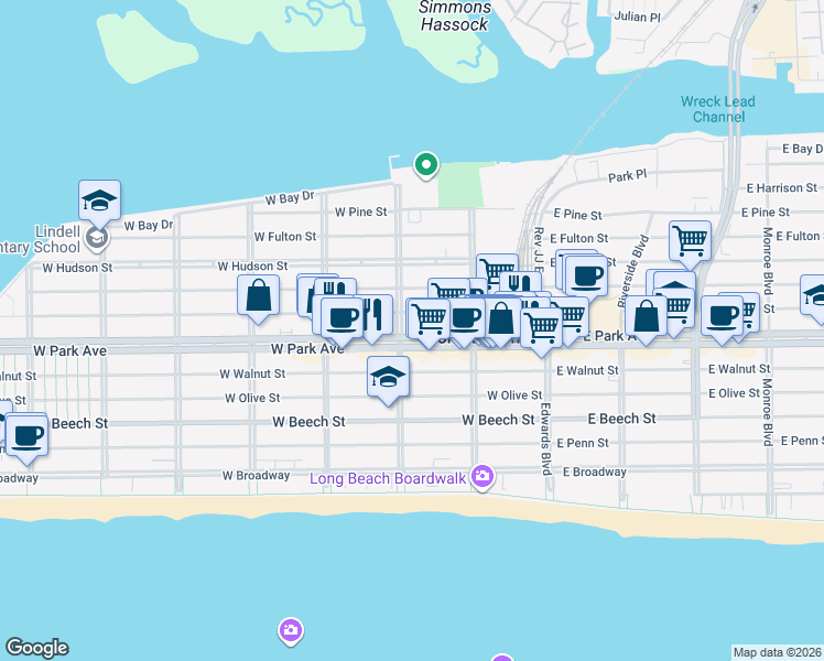 map of restaurants, bars, coffee shops, grocery stores, and more near 178 West Park Avenue in Long Beach