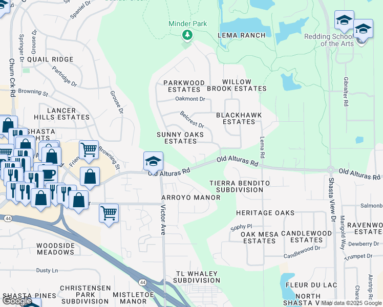map of restaurants, bars, coffee shops, grocery stores, and more near 1566 Old Alturas Road in Redding