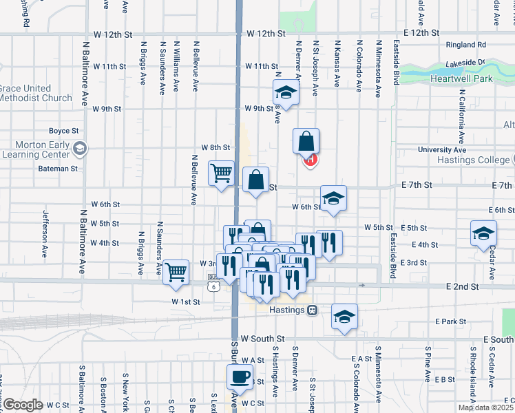 map of restaurants, bars, coffee shops, grocery stores, and more near 598 North Lincoln Avenue in Hastings