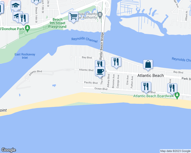map of restaurants, bars, coffee shops, grocery stores, and more near 73 Acapulco Street in Atlantic Beach