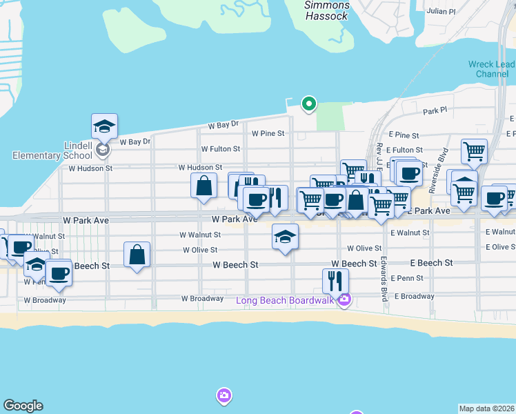 map of restaurants, bars, coffee shops, grocery stores, and more near 266 West Park Avenue in Long Beach