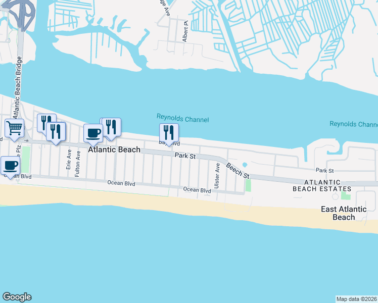 map of restaurants, bars, coffee shops, grocery stores, and more near 1682 Park Street in Atlantic Beach