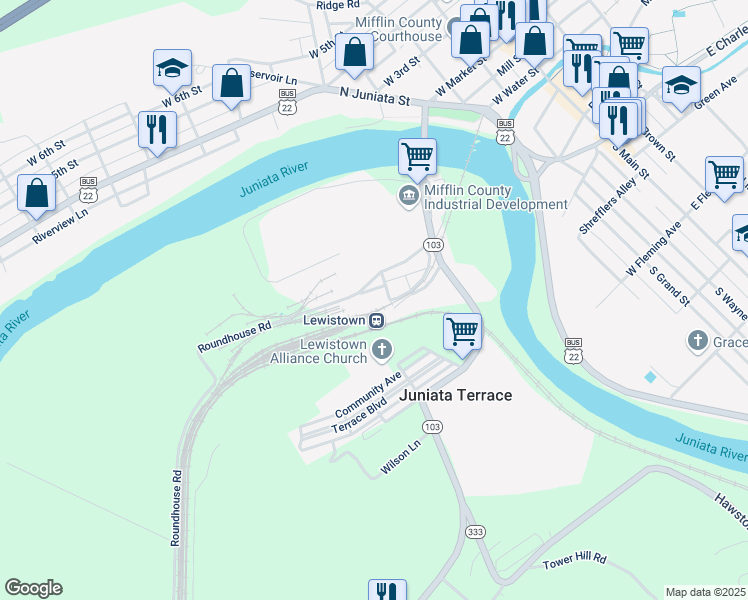 map of restaurants, bars, coffee shops, grocery stores, and more near 114 Elizabeth Street in Lewistown