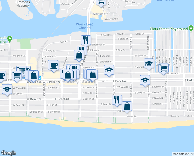 map of restaurants, bars, coffee shops, grocery stores, and more near 400 Monroe Boulevard in Long Beach