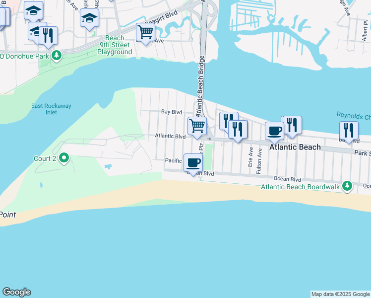 map of restaurants, bars, coffee shops, grocery stores, and more near 64 Bermuda Street in Atlantic Beach