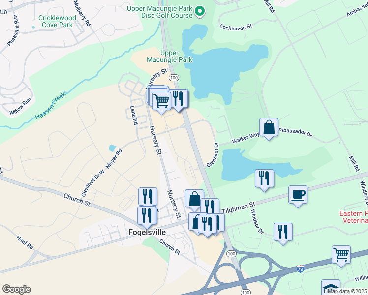 map of restaurants, bars, coffee shops, grocery stores, and more near 1077 Meadowlark Drive in Fogelsville