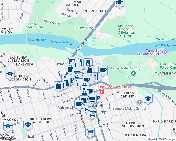 map of restaurants, bars, coffee shops, grocery stores, and more near 1135 Pine Street in Redding