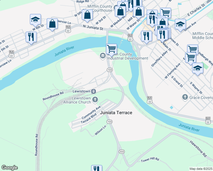 map of restaurants, bars, coffee shops, grocery stores, and more near 116 Helen Street in Lewistown