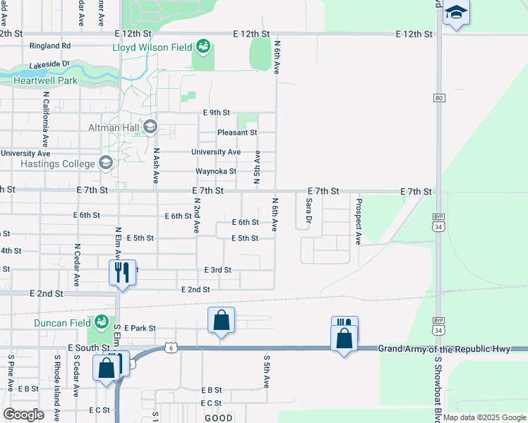 map of restaurants, bars, coffee shops, grocery stores, and more near 601 Thomas Drive in Hastings