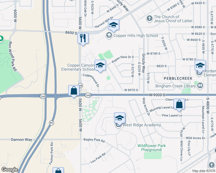map of restaurants, bars, coffee shops, grocery stores, and more near 5423 Pilgrim Drive in West Jordan
