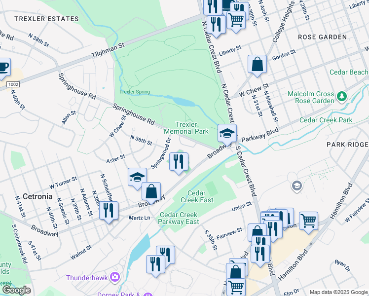 map of restaurants, bars, coffee shops, grocery stores, and more near 166 Springhouse Road in Allentown