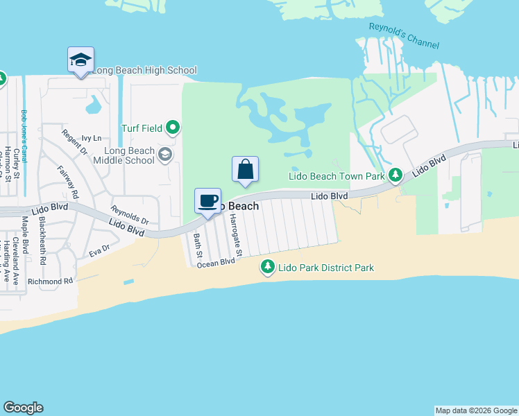 map of restaurants, bars, coffee shops, grocery stores, and more near 16 Biarritz Street in Lido Beach