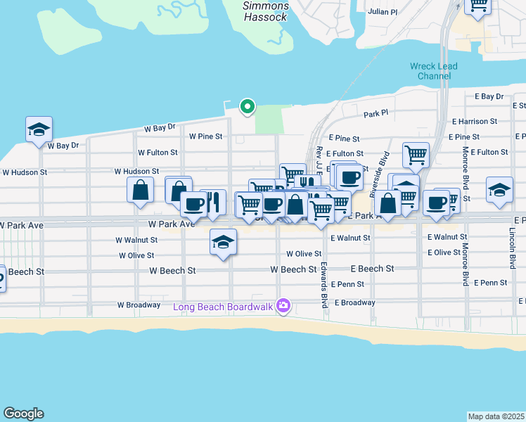 map of restaurants, bars, coffee shops, grocery stores, and more near 4653 West Park Avenue in Long Beach