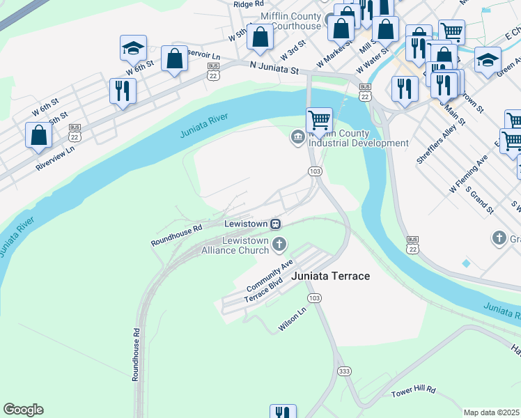 map of restaurants, bars, coffee shops, grocery stores, and more near 715 Roundhouse Road in Lewistown