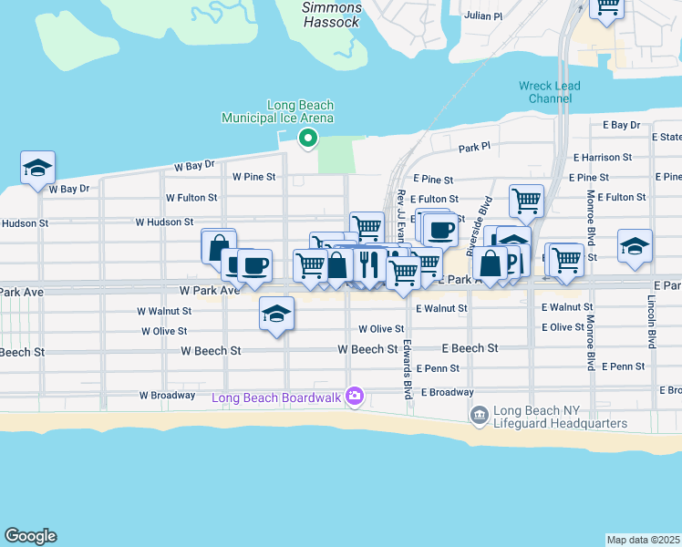 map of restaurants, bars, coffee shops, grocery stores, and more near 384 National Boulevard in Long Beach