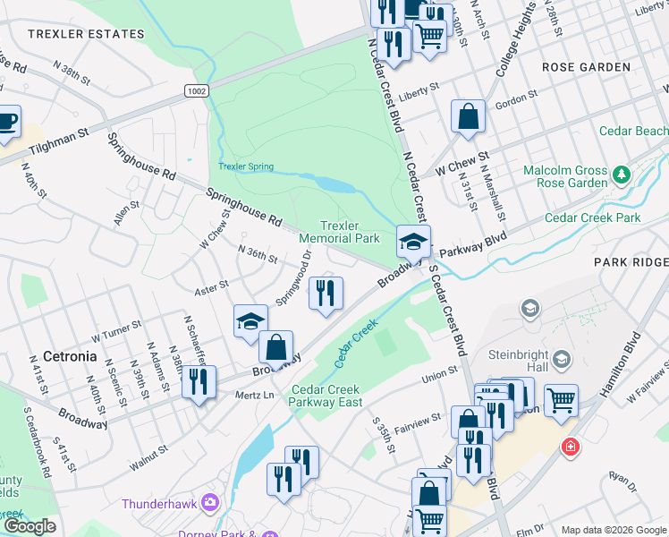 map of restaurants, bars, coffee shops, grocery stores, and more near 146 Springhouse Road in Allentown