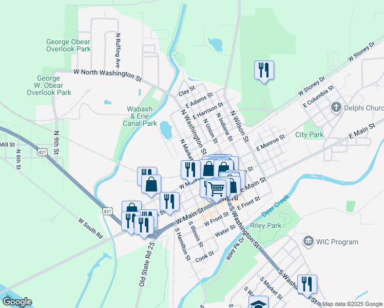 map of restaurants, bars, coffee shops, grocery stores, and more near 368-398 North Market Street in Delphi