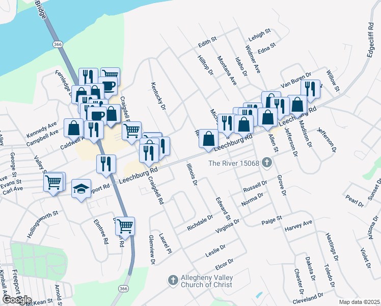 map of restaurants, bars, coffee shops, grocery stores, and more near 2556 Leechburg Road in Lower Burrell