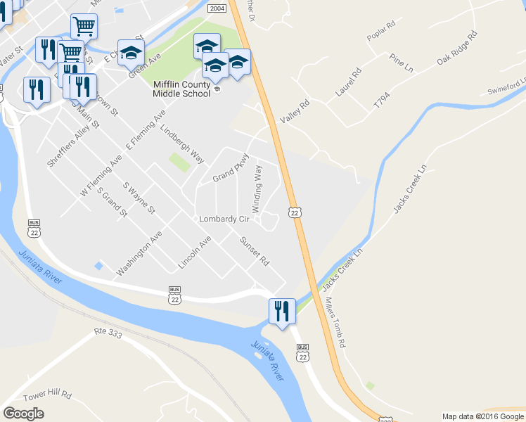 map of restaurants, bars, coffee shops, grocery stores, and more near 6 Summit Manor in Lewistown