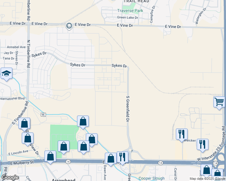 map of restaurants, bars, coffee shops, grocery stores, and more near 3039 Crestmore Place in Fort Collins