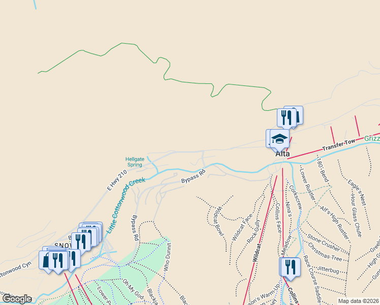 map of restaurants, bars, coffee shops, grocery stores, and more near 9781 Hellgate Road in Alta
