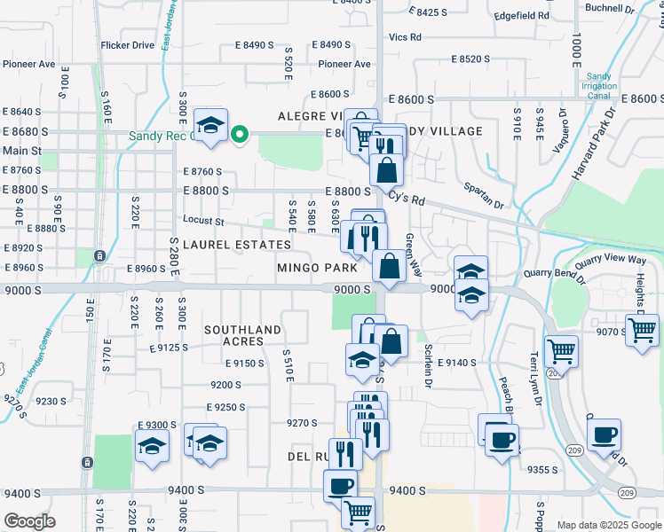 map of restaurants, bars, coffee shops, grocery stores, and more near in Sandy