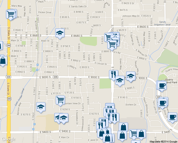 map of restaurants, bars, coffee shops, grocery stores, and more near 552 Mingo View Avenue in Sandy