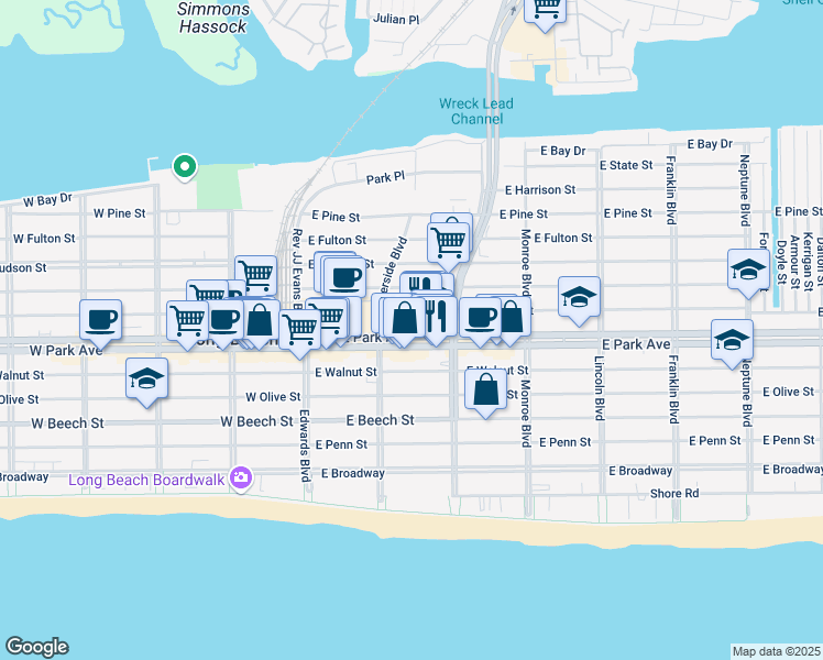 map of restaurants, bars, coffee shops, grocery stores, and more near 118 East Park Avenue in Long Beach