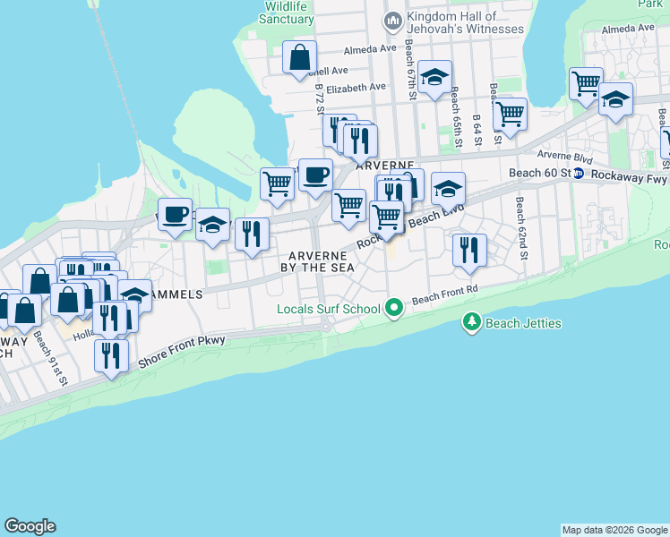 map of restaurants, bars, coffee shops, grocery stores, and more near 7203 Catamaran Way in Queens