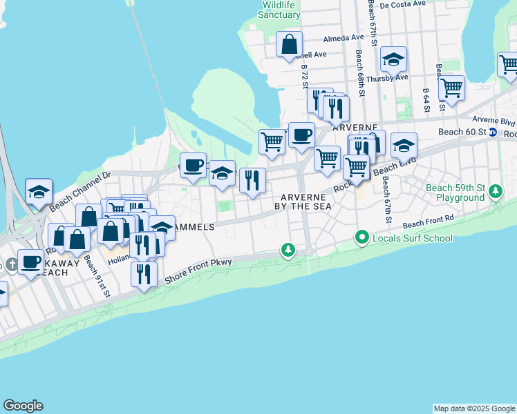 map of restaurants, bars, coffee shops, grocery stores, and more near 201 Beach 77th Street in Queens