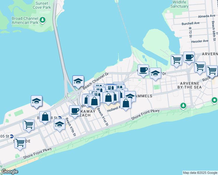 map of restaurants, bars, coffee shops, grocery stores, and more near 305A Beach 88th Street in Queens