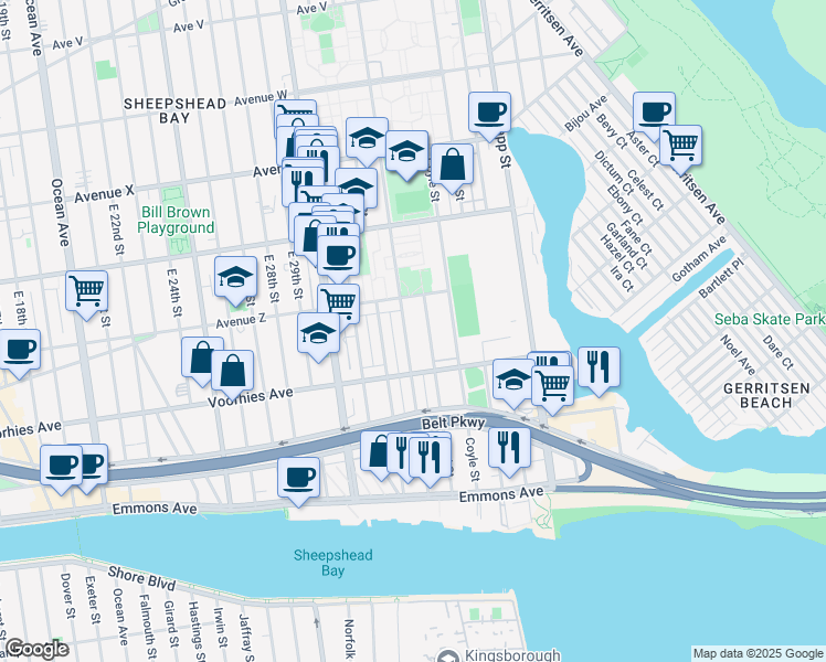 map of restaurants, bars, coffee shops, grocery stores, and more near 2659 Batchelder Street in Brooklyn