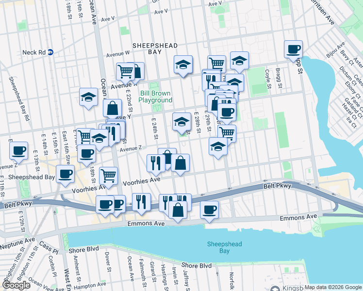 map of restaurants, bars, coffee shops, grocery stores, and more near 4635 Bedford Avenue in Brooklyn