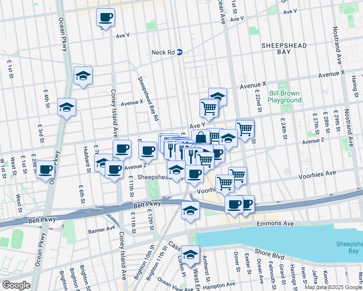 map of restaurants, bars, coffee shops, grocery stores, and more near 2572 East 15th Street in Brooklyn