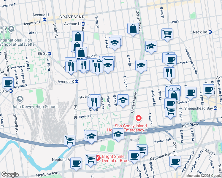 map of restaurants, bars, coffee shops, grocery stores, and more near 447 Avenue Y in Brooklyn