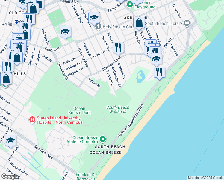 map of restaurants, bars, coffee shops, grocery stores, and more near 157 Vulcan Street in Staten Island