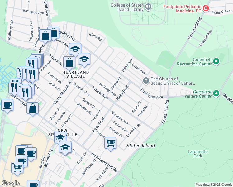 map of restaurants, bars, coffee shops, grocery stores, and more near 81 McVeigh Avenue in Staten Island