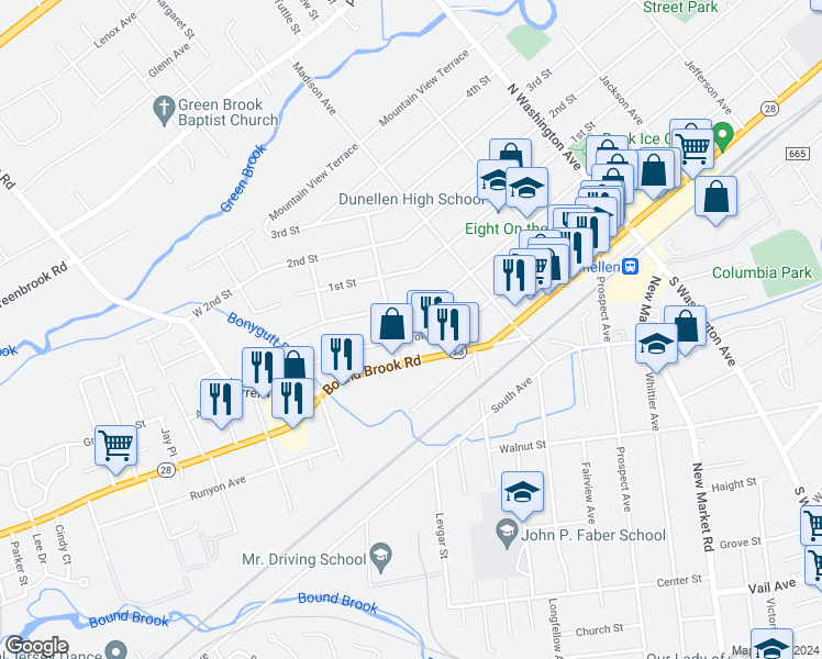 map of restaurants, bars, coffee shops, grocery stores, and more near 198 Sanford Avenue in Dunellen