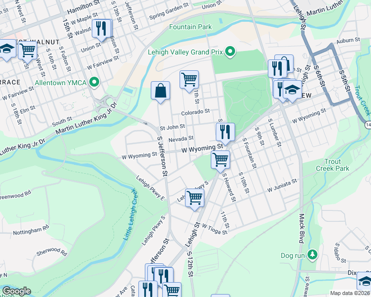 map of restaurants, bars, coffee shops, grocery stores, and more near 1126 West Wyoming Street in Allentown