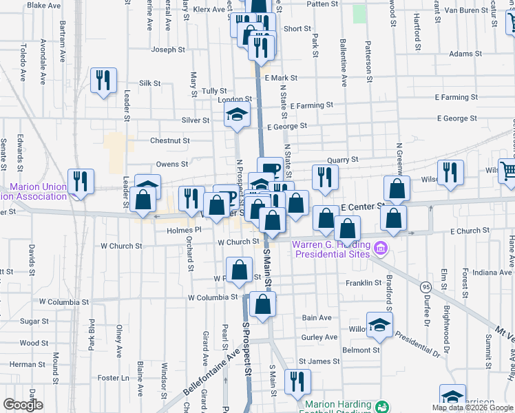 map of restaurants, bars, coffee shops, grocery stores, and more near 143 West Center Street in Marion