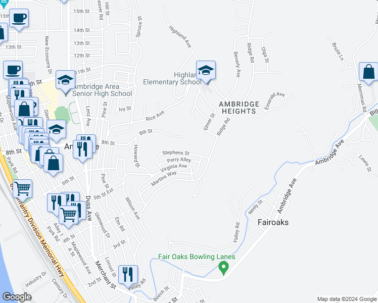 map of restaurants, bars, coffee shops, grocery stores, and more near 577 Stephens Street in Ambridge