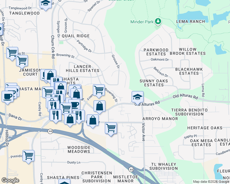 map of restaurants, bars, coffee shops, grocery stores, and more near 1335 Browning Street in Redding