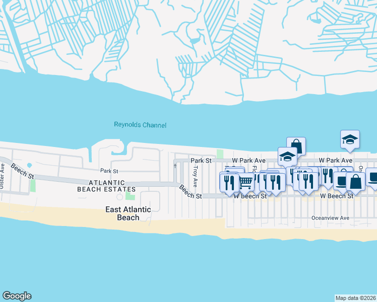 map of restaurants, bars, coffee shops, grocery stores, and more near 58 Bay Street in East Atlantic Beach
