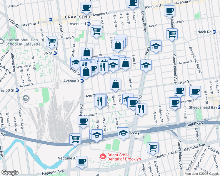 map of restaurants, bars, coffee shops, grocery stores, and more near 447 Avenue Y in Brooklyn
