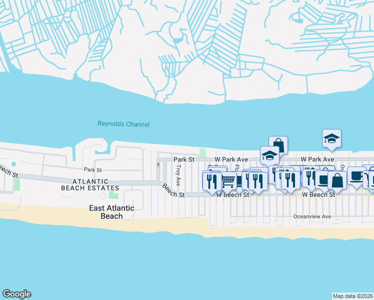 map of restaurants, bars, coffee shops, grocery stores, and more near 28 Bay Street in East Atlantic Beach